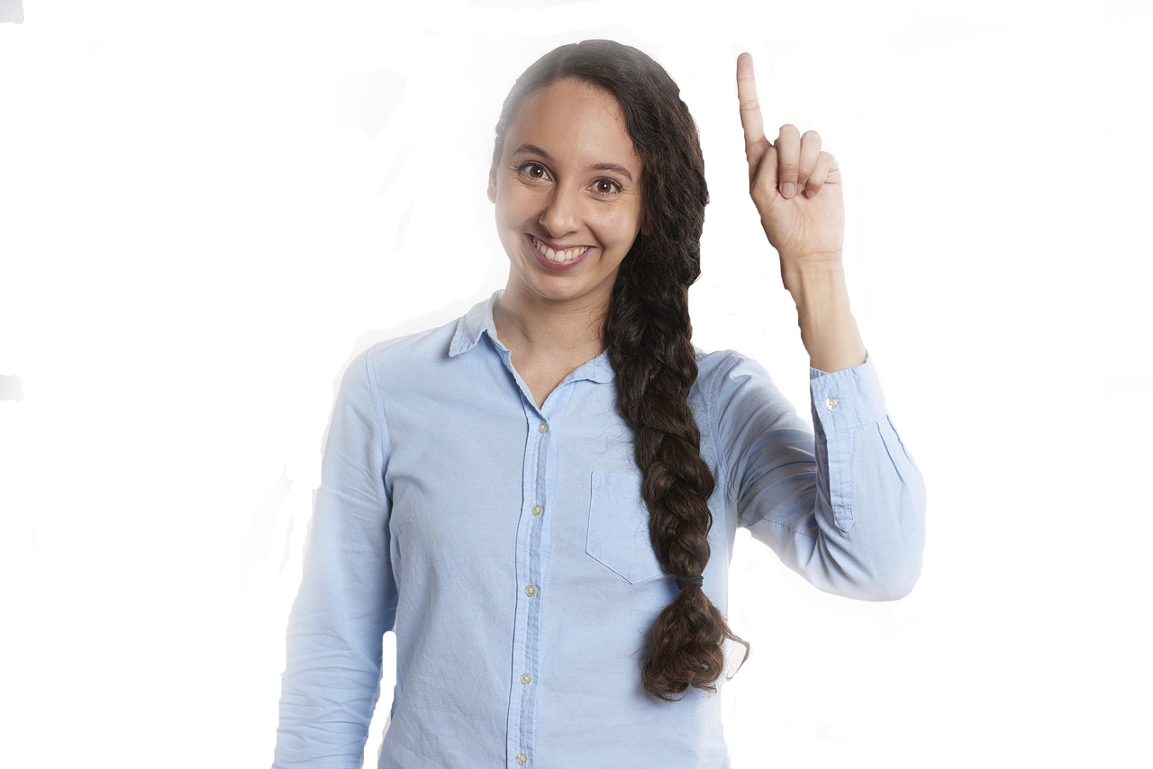 Woman smiling pointing up Woman smiling pointing up